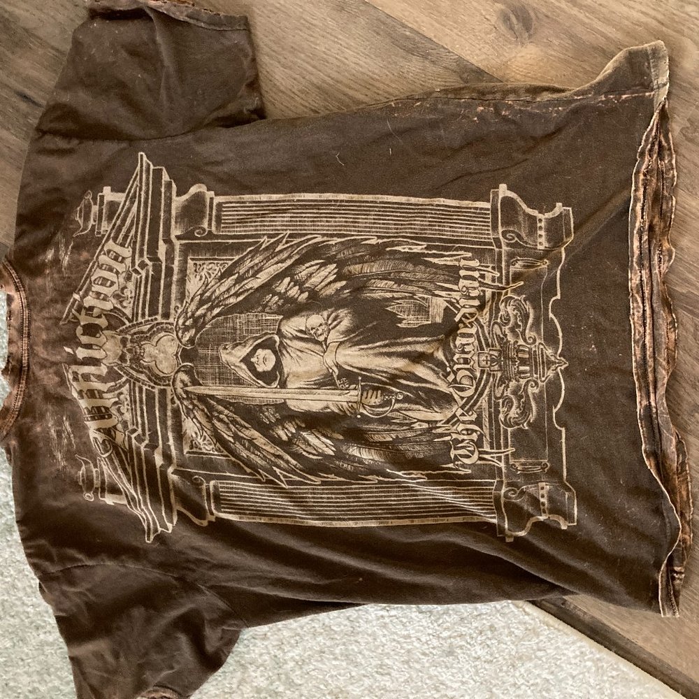 Affliction Brown The Guardian Print Distressed Tee - Picture 1 of 3